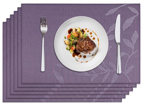 Komforbaa Set of 6 Plastic/Vinyl Woven Leaf Design Place Mats,Heat-Resistant Wipeable Dining Table Mats for Kitchen Table Indoor/Outdoor,Purple