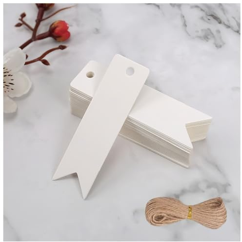 Etichette regalo in carta kraft, con corda di iuta, per bomboniere di nozze, biglietti da regalo per feste e Natale, 50 pezzi, 2x7 cm, bianco