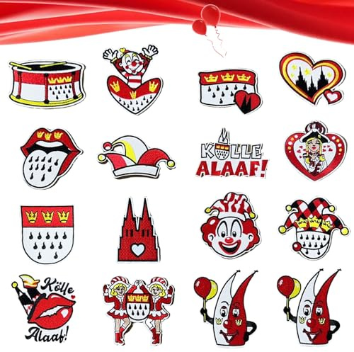 Kölner Karneval Rot Weiß Bügelflicken,16 Stück Süße Bestickte Reparaturflicken,Köln Accessoires,Applikationen,Rot Weiß Patches Flicken zum Aufbügeln,für Kleidung, Hosen,Hüte,Jeans,Bastelzubehör