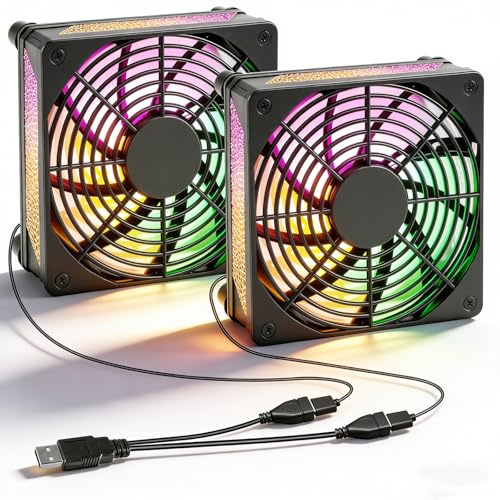 Joycabin 2 Stück USB Lüfter 120mm PC Lüfter mit Bunte RGB LED, 5V Gehäuselüfter USB Kühlventilator, 120x120 PC Leisen Ventilator für Computer/PS4 /TV Box/Receiver/AV Schrank/Router/Serverschrank