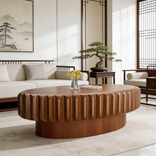 Dbtxwd 43.3 Oval Drum Coffee Table with Storage (E 43.3in) | Farmhouse Rustic Center Table - Handcraft Fluted Relief Edge for Living Room Bedroom Apartment