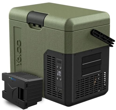 Yolco ET18 Green - Frigorifero con compressore, 18 l, con batteria SC4B, frigorifero e congelatore portatile fino a -20 °C, 12/24 V DC e 230 V, USB, per auto, camion, barca, campeggio, verde