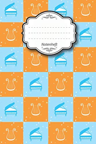 Notenheft: Notenbuch I 96 Seiten I ca. a5 I 15,24 x 22,86 I 6 x 9 I 8 Notensysteme pro Seite I mattes Softcover I Harfe Klavier orange blau