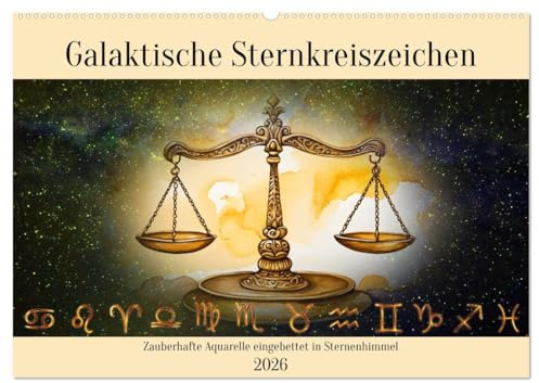 Galaktische Sternkreiszeichen (Wandkalender 2026 DIN A2 quer), CALVENDO Monatskalender: Zauberhafte Aquarelle eingebettet in Sternenhimmel (CALVENDO Hobbys)