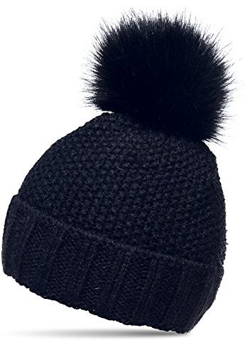 Caspar MU173 Damen Winter Mütze Strickmütze Bommelmütze mit Kunstfell Bommel, Farbe:dunkelblau, Größe:One Size
