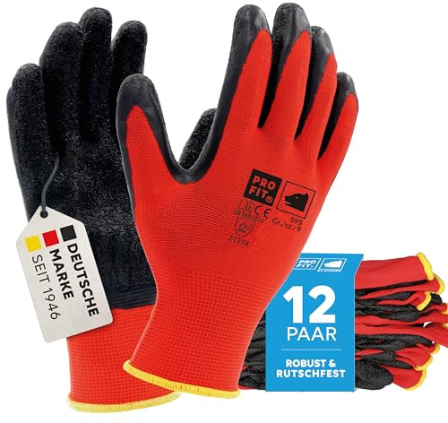 PRO FIT 595 Arbeitshandschuhe – Feinstrickhandschuhe mit Latexbeschichtung, Wasserabweisend, Atmungsaktiv, Rutschfest, Unisex - 12 Paar, Rot/Schwarz (10)