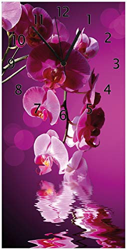 Wallario Design-Wanduhr Rosafarbene Orchidee Blüten in pink aus Glas, Motiv-Uhr Größe 30 x 60 cm, Schwarze Zeiger