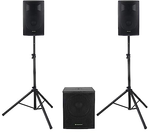 Pronomic Powerstage Economy 1812 2.1 - aktives PA-Set mit 1x 18-Subwoofer und 2X 12-Satelliten - 540 Watt Gesamtleistung (RMS) - inklusive Lautsprecherstative