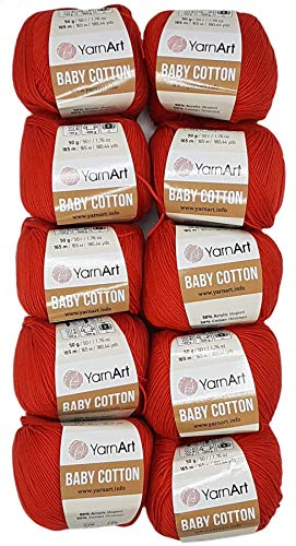 10 x 50g Strickwolle YarnArt Baby Cotton mit 50% Baumwolle, 500 Gramm Wolle einfarbig (rot 426)