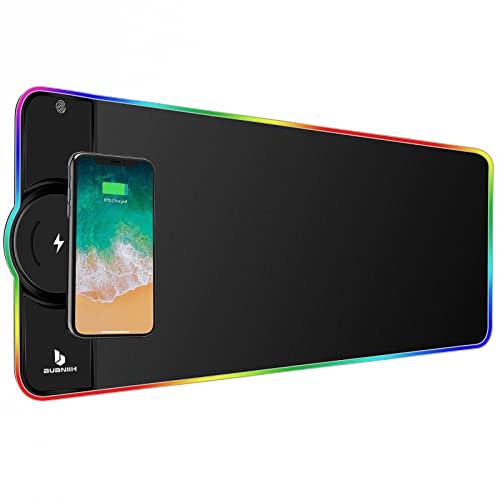 Tapis de souris de jeu, charge rapide Qi 15 W, grand tapis de souris de jeu RVB étendu, pour grand clavier et souris, maison et bureau, 10 modes d'éclairage, prend en charge la charge rapide Qi des