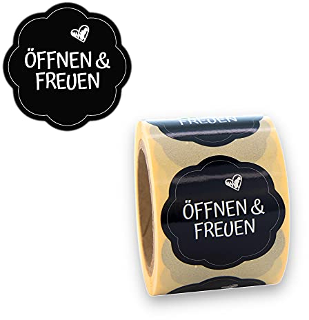 Geschenkaufkleber Öffnen und Freuen 200 Stück d40mm - blumenförmige Etiketten auf Rolle, grau/silber