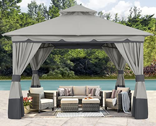 ABCCANOPY 3.3x3.3M Pop-up Gazebo Double Tier Roof Outdoor Canopy Shelter with Curtains Sidewalls, Grey