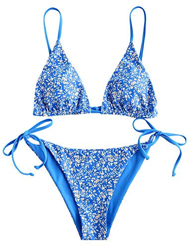 ZAFUL Damen Gepolstert Bikini Set, Reversible Blumenmuster Bikini Badeanzug mit Dreieck Cup Spaghetti-Tr?ger (E-Meeresblau,M)