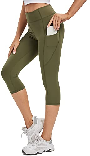 adorence Sport Leggings Damen 3/4 (Nacktes Gefühl, High Waist, Blickdicht) Capri Leggings Damen-Armeegrün,XL