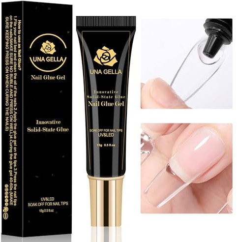 UNA GELLA Solid Nail Glue Gel Soft Gel Nail Tips Glue 15ml Lamp Curing Needed Solid Soak Off Glue Super Strong Nail Glue For Fake Acrylic Nails Extension Press On Nails