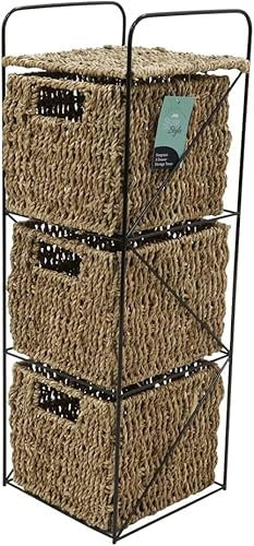 MantraRaj Seagrass Woven 3 Drawer Storage Tower | Storage Unit For Bedroom, Bathroom, Home, Office | Home Organisation Cabinet Bedroom Office Furniture Basket Storage Shelf