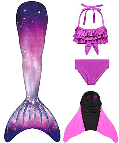 Pyjacos meerjungfrauenflosse mädchen Badeanzug - Meerjungfrau Flosse Bademode mit Bikini Set und Monoflosse Mermaid Tail, 4 Stück Set，4pinkseJK17-130