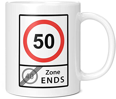 Mug Monster - Funny 50th Birthday Mug, 50 Speed Limit, 40 Zone Ends, Joke Present - Ceramic Coffee Cup, Gift for Men or Women, Extra Large and Giant Available, 20oz White
