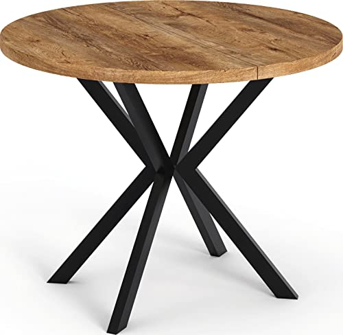WFL GROUP Runder Ausziehbarer Esstisch - Loft Style Tisch mit Metallbeinen - 100 bis 180 cm - Industrieller Tisch für Wohnzimmer - Spacesaver - Lefkas Eiche - 100 cm