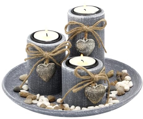 Teelichthalter Set Livia Grau mit Herzdeko auf Dekoteller