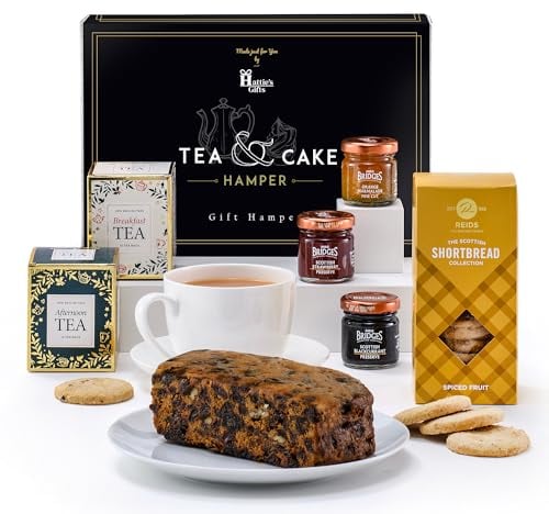 Hattie’s Gifts Ultimate Tea Gift Hamper - Breakfast & Afternoon Teabags, Genoa Fruit Cake, Shortbread & Jams - Gourmet Food Gift Hamper for Him and Her