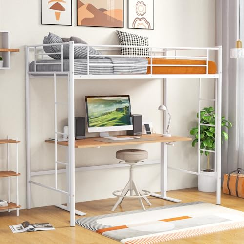 RELAX4LIFE Loft Bunk Bed, 2 Ladders Metal High Sleeper Bed with Safety Guardrail, Bedroom Furniture Space-Saving Single Bed Frame for Childern Teens Kids (White)