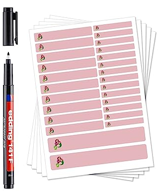 130 Stück Namensaufkleber zum Selbstbeschriften (Motiv Meerjungfrau/Rot) incl. Stift Set-Bögen Mini/Mittel/Groß/Wasserfest/Kratzfest für Innen und Außen