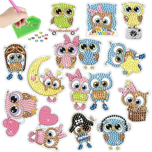 Diamond Painting Stickers 5D DIY Diamonds Paint By Numbers Art Handmade Craft,Owl Skateboard Owl Love Heart Owl Couple Moon Stars Owl Sleeping Mosaic Stickers Gift For Children Boys Girls Beginners