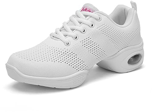 SECHRITE Jazzschuhe Damen Jazz Schuhe Tanzschuhe Tanzsneaker Modern Mesh Geteilte Sohle Lace Up Luftkissen Schuhe Sportlich Fitness Wanderschuhe Weiß 38 EU