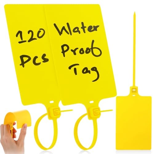 120 Kunststoff-Etikettenanhänger – reißfeste & wasserfeste beschreibbare Versandanhänger – Mehrzweckanwendungen – schnelle und einfache Etikettierlösung – Gelb