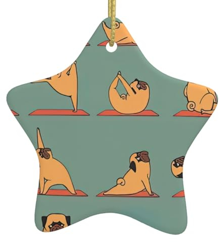 Yoga Mops Keramik Hängender Weihnachtsbaum Dekoration - Doppelseitiger Druck, Festliche Sternform
