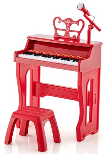 COSTWAY 37-Key Kids Piano, Toddler Electronic Keyboard with Stool, Adjustable Microphone, Music Stand, MP3, Recording and Play Function, Musical Instrument Toy Gift for Boys Girls (Red)