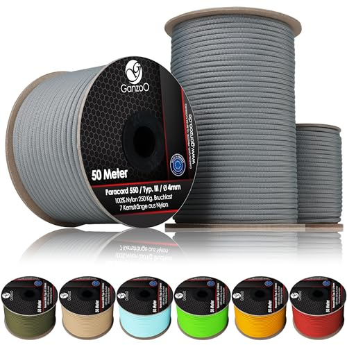 Ganzoo Paracorde 550 Type III 100% Nylon diametre 4 mm, 30 m sur Rouleau, Coloris Darkgrey, ame 7 brins, Gaine Tresse 32 torons, Charge Rupture 250 kg 550 lbs