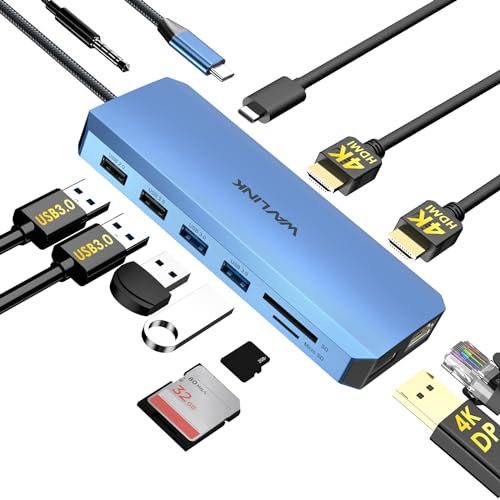 WAVLINK Docking Station 12 in 1 USB C Dual HDMI Docking Station USB C, adattatore multiporta con 4K Dual HDMI, DP, 100 W PD IN, USB3.0, USB2.0, RJ45, slot SD/TF, audio/Mic, per MacBook/Dell/HP/Lenovo