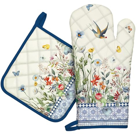 Arquiel Ofenhandschuh und Topflappen 2er Set, 100% Baumwolle Kochhandschuhe, Hitzebeständiger Küchenhandschuh Zum Kochen Backen Grillen Geschenk,Blaue Retro-Blumen und Vögel