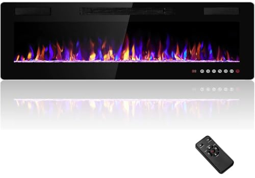 R.W.FLAME Elektrischer Kamin, 152,4 cm, Eingesetzter und wandmontierter elektrischer Kamin, 750 W/1500 W, ultradünn, geräuscharm, Fernbedienung, Timer, Touchscreen, einstellbare Flammenfarbe und