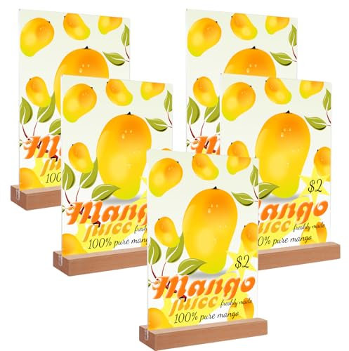 ZOFUN 5 Stück Acryl Aufsteller A5 mit Holz Sockelboden Ständer Aufsteller Acryl ständer A5, Tischaufsteller A5, Schräg Werbeständer/L-Ständer für Fotos,Cafés, Restaurants,Theke (A5-Vertikaler-klar)