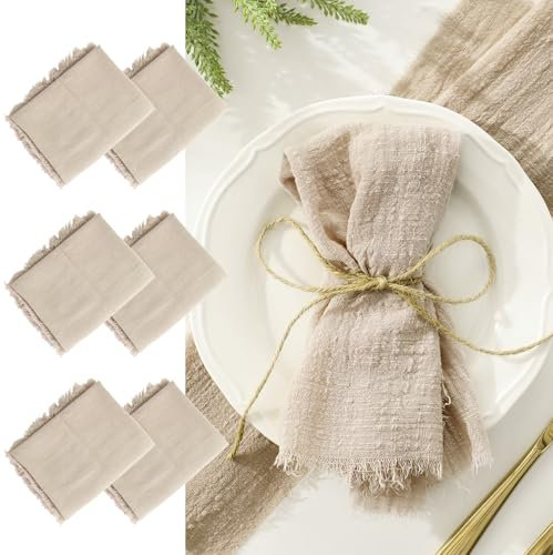 LALAGO 6 Stück Leinenservietten 45x45cm, Waschbar Stoffservietten Servietten Stoff, Beige Tischservietten mit Quasten für Tischdekoration für die sakramentale Taufe