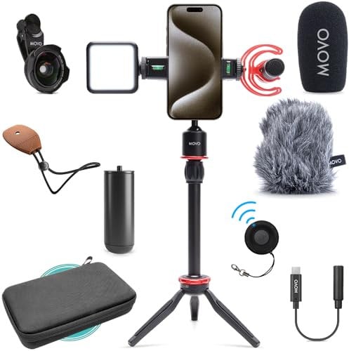 Movo iVlog1-IP Vlogging Kit for iPhone 15/16/17 and up - USB-C Compatible YouTube Starter Kit - with Shotgun Microphone, Mini Tripod, LED Light, Wide-Angle Lens, USB C Adapter, VXR10-PRO
