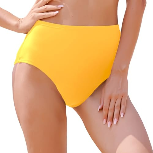 feitycom Period Swimwear-Menstrual Swimsuit Bikini Bottoms-High Waisted Leakproof Swim Bottoms for Teens Girls and Women (UK, Alpha, XXS, Regular, Regular, Yellow)