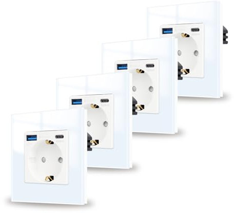 JIMEIDA 4 Pack Steckdose mit USB 20W Glas Weiß Unterputz,1 Fach 16Amp Steckdosen mit USB A und Type C,86 * 86mm,250V