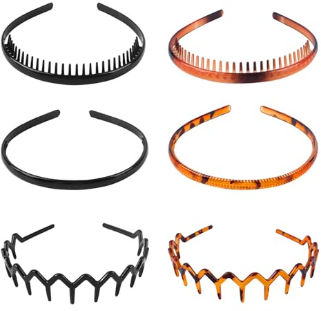 AYNKH Kunststoff-Haarbänder, 6 Stück, Zickzack-Stirnband mit Zähnen, Haifischzahn, Haarband für Damen, Herren, Mädchen (Schwarz und Leopardenmuster)