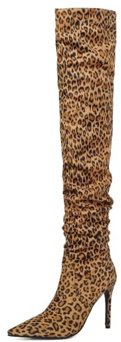 Roimaash Suede Leopard Slouch Ruched Stivali Thigh High Per Donne Wide Calf OverkneeStivali Appuntito Moda Stiletto Festa Dressy Stivali Pull On Leopard Size 35