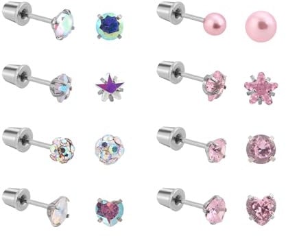 16pcs Screw Back Earrings for Girls, Flat Back Earrings Cute Heart Pearl Star Stainless Steel Screw Back Studs Earrings Hypoallergenic Tiny Cartilage Screw Back Stud Earrings for Women