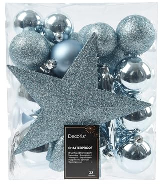 Kaemingk Weihnachtskugeln Kunststoff mit Christbaumstern 33er Set - bruchsichere Christbaumkugeln Weihnachtsbaumkugeln und Christbaumspitze - Christbaumschmuck & Weihnachtsbaumschmuck - Eisblau