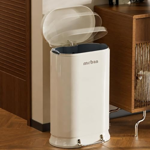 MRBIN Metal Kitchen Bin with Lid, 30L / 7.9gal Large Garbage Can with Inner Bucket Soft Close Step Trash Can Garbage Pail Bin, Cream White
