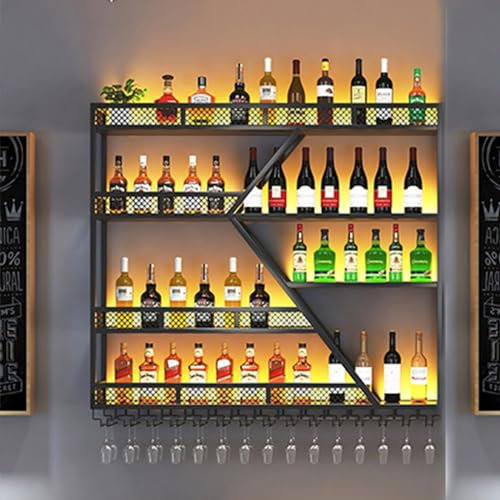 Casier à vin mural moderne à 2 étages avec support pour verres Noir/lumière chaude 240 x 86 x 20 cm