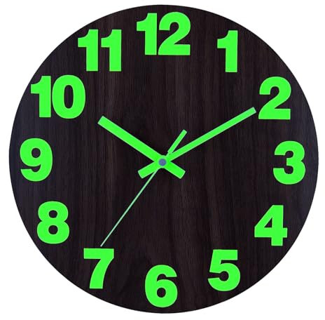 Plumeet Kleine Nachtlicht-Wanduhr, 25cm Leuchtet im Dunkeln, Holzuhr für Schlafzimmer, lautlos beleuchtete Wanduhr, leuchtende Ziffern und Zeiger, batteriebetrieben für Wohnzimmer/Küche, Braun
