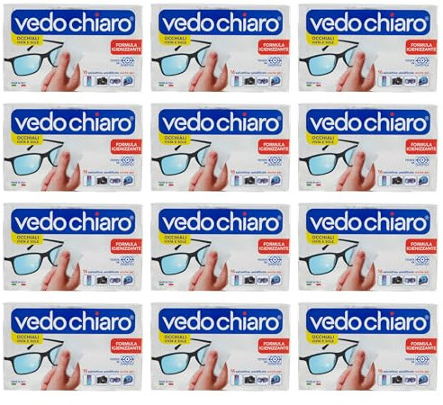Vedo Chiaro 16 Salviettine Umidificate Monouso Studiate per la Pulizia delle Lenti degli Occhiali, da Vista e da Sole, degli Smartphone, dei Tablet e PC Portatili etc (12 CF da 16)