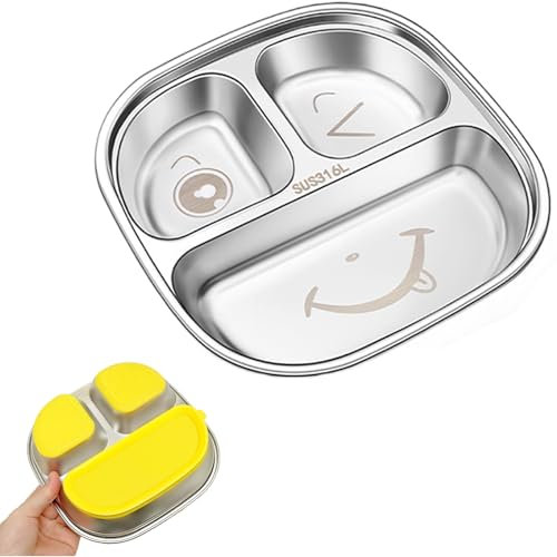 STFALI Platos Bebe, Platos Bebe Con Ventosa, Con Diseño De Emoticonos Y Tapa Con Cierre, Tres Compartimentos, Un Buen Ayudante Para Los Niños Mientras Comen